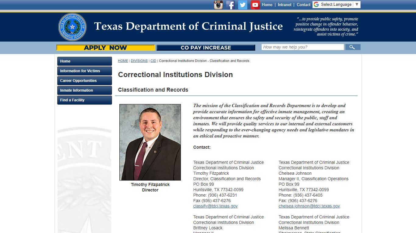 Correctional Institutions Division - Classification and Records